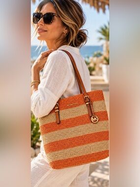 Michael Kors Quinn Straw Tote Orange Stripe Large Beach Travel  Bag Bold Coastal